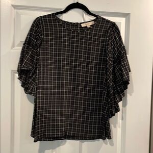 LOFT Black and White Ruffled Flutter Sleeve Blouse